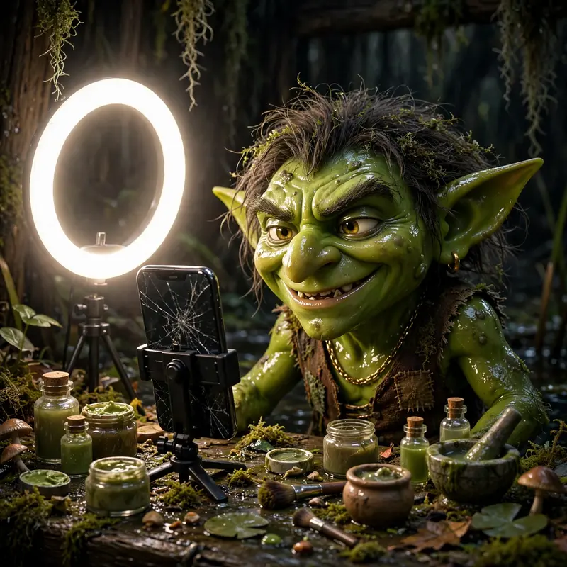 A smug goblin with a ring light filming a makeup tutorial on a cracked phone, surrounded by dubious skincare products in a swamp hut. Harsh