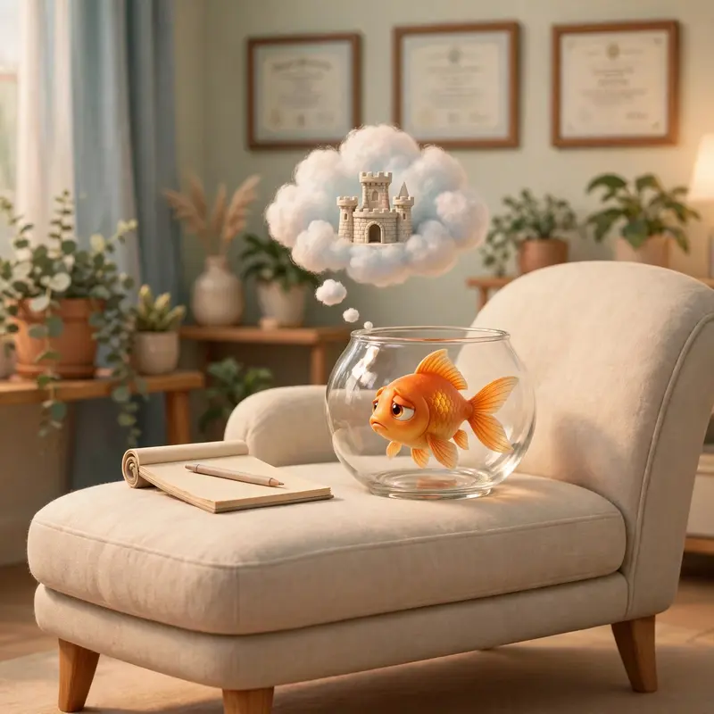 A goldfish in a small bowl sits across from a therapist's notepad on a chaise lounge, thought bubbles showing an empty castle decoration. Soft pastel