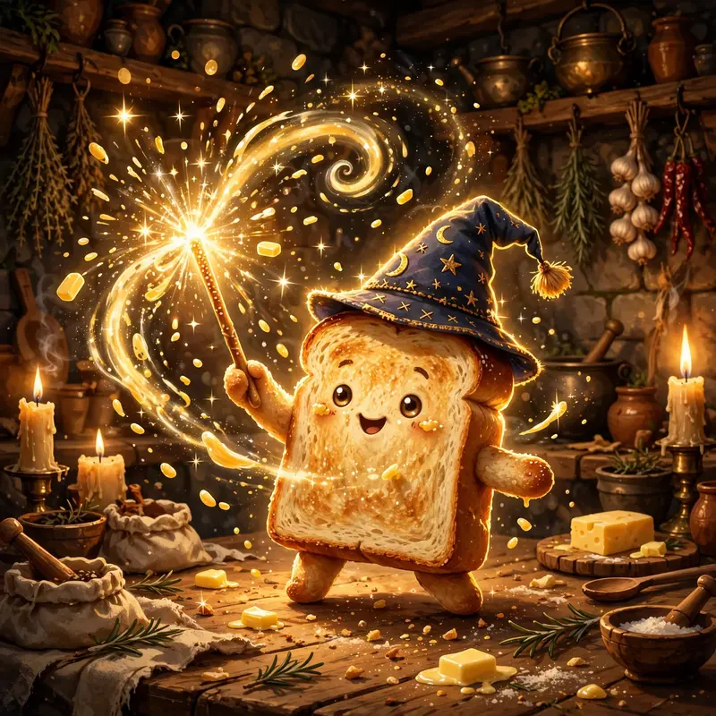 A piece of toast wearing a tiny wizard hat casts a spell with a breadstick wand, butter sparkles flying, in a medieval kitchen. Warm candlelight