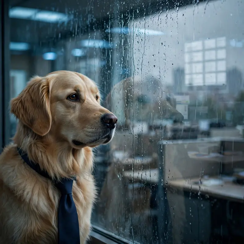 A golden retriever in a tie stares blankly out of a rain-streaked office window at 3pm, reflection showing spreadsheets. Cold blue fluorescent