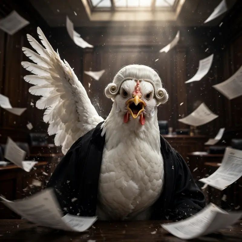 A stern white chicken in a tiny barrister wig and robe objects dramatically in a courtroom, wing raised, papers flying. Dramatic courtroom lighting