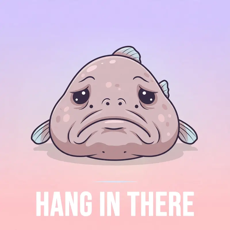 A deeply sad blobfish on a pastel gradient background with bold white text reading HANG IN THERE in classic motivational poster layout. Soft studio