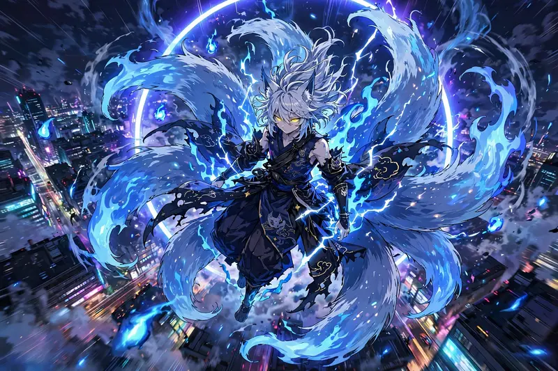 Epic anime splash art featuring a nine-tailed kitsune spirit wreathed in blue flame in modern shonen anime style, energy crackling around the figure