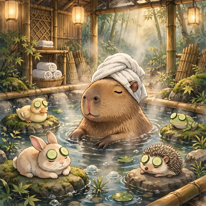 A serene capybara wearing a towel turban lounges in a steaming hot spring while smaller animals get cucumber eye treatments around it. Misty warm