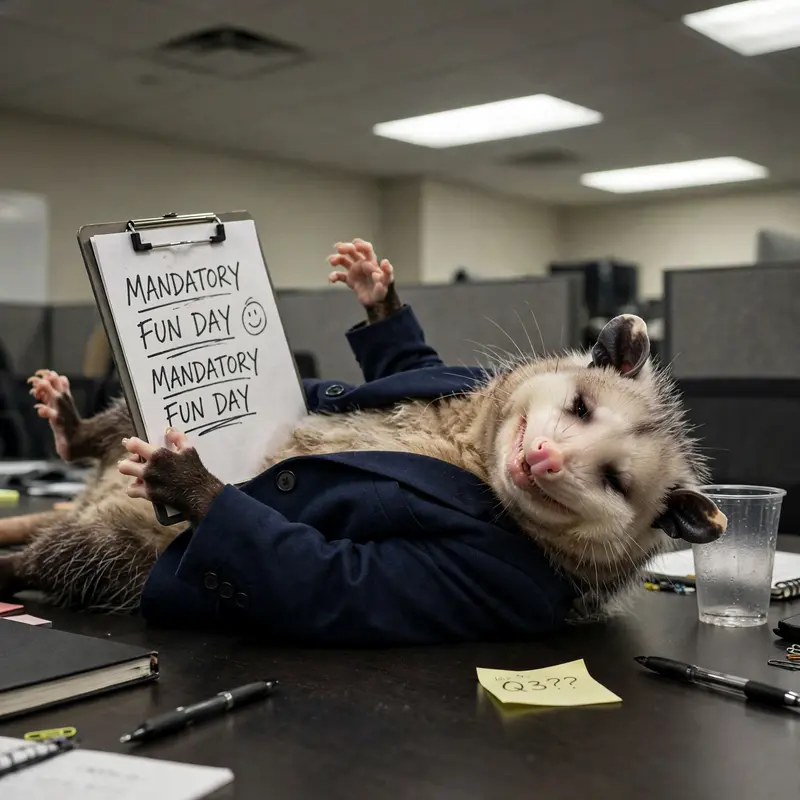 A possum in a blazer fake-smiles while holding a clipboard that says mandatory fun day, playing dead behind a conference table. Dull office