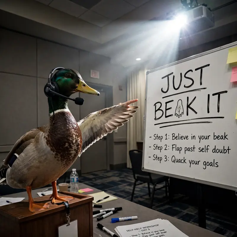 A mallard duck in a motivational speaker headset gestures at a whiteboard reading JUST BEAK IT in a hotel conference room. Harsh projector lighting