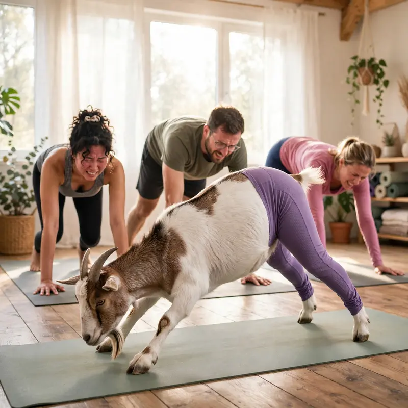 A goat in yoga pants demonstrates downward dog on a mat while human students struggle behind it in a sunlit studio. Bright morning light through