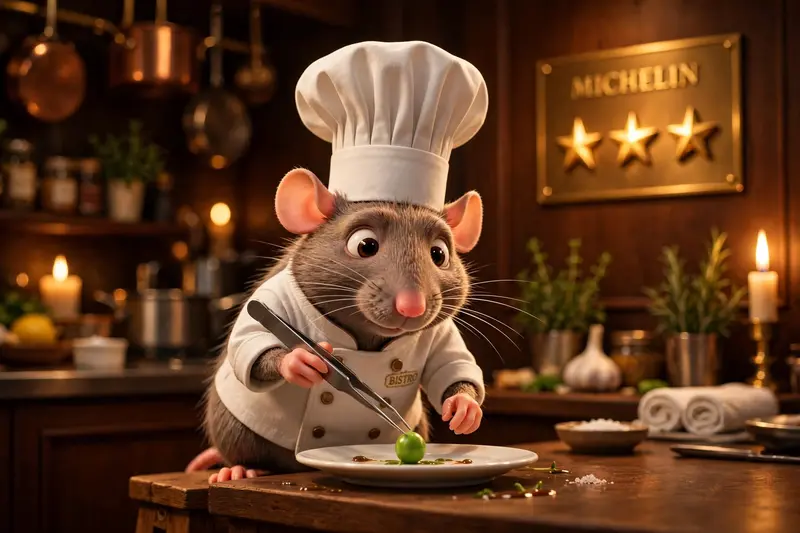 A rat in a tall chef hat delicately plates a single pea with tweezers in a candlelit fine dining kitchen, Michelin stars on the wall. Warm dramatic