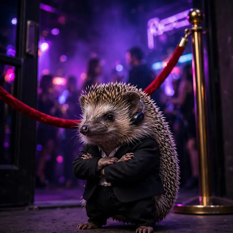 A hedgehog in a black suit and earpiece crosses its tiny arms in front of a velvet rope at a nightclub door, unimpressed. Neon club glow, bokeh crowd