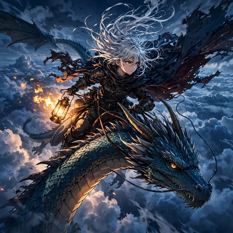 a dragon rider soaring above the clouds captured in crisp digital anime style, hair and clothing whipping in the wind. Flickering lantern light casts