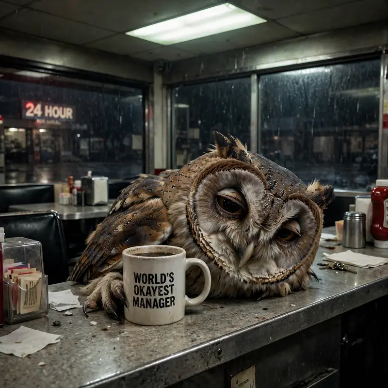 An owl with giant tired eyes and a coffee mug reading WORLD'S OKAYEST MANAGER slumps at a 24-hour diner counter at 3am. Harsh fluorescent diner