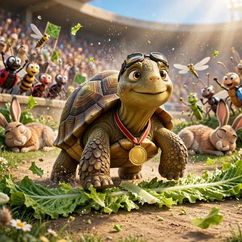 A tortoise wearing a gold medal and tiny racing goggles crosses a finish line made of lettuce while hares nap in the background. Bright stadium