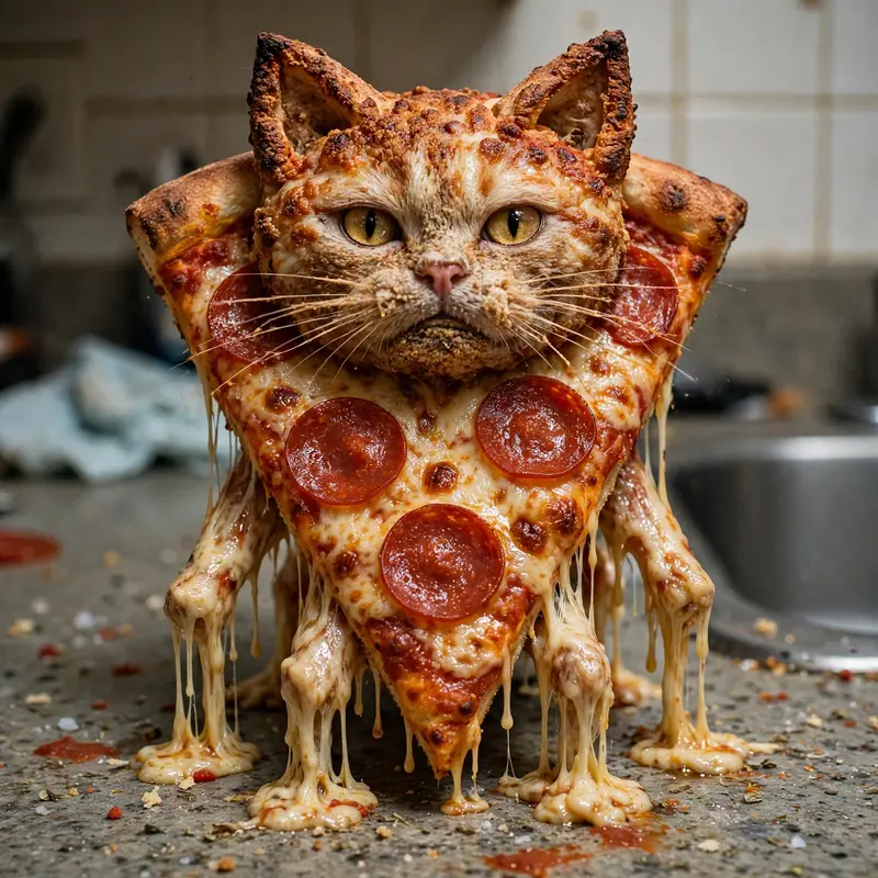 A cat whose entire body is a pepperoni pizza slice with cheese-drip legs stares directly into the camera on a kitchen counter. Harsh flash lighting