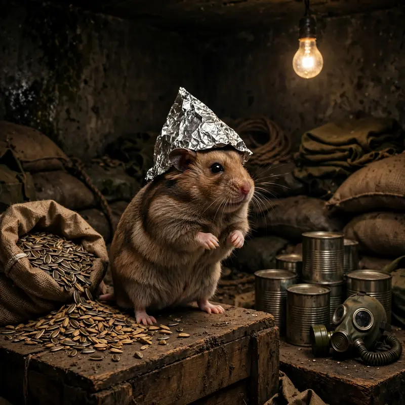 A hamster in a tinfoil hat stands guard over a bunker of stockpiled sunflower seeds, canned beans, and a tiny gas mask. Dim bunker lighting with a