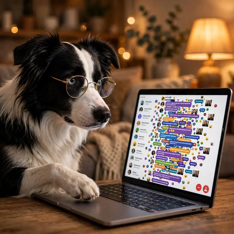A border collie wearing reading glasses glares at a laptop showing a chaotic group chat, paw hovering over the remove member button. Cozy living room