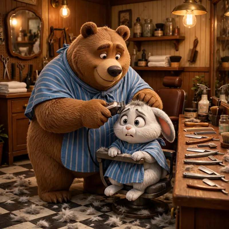 A burly bear in a barber cape gives a nervous rabbit a buzz cut in a vintage barbershop, clippings everywhere, straight razors on the counter. Warm