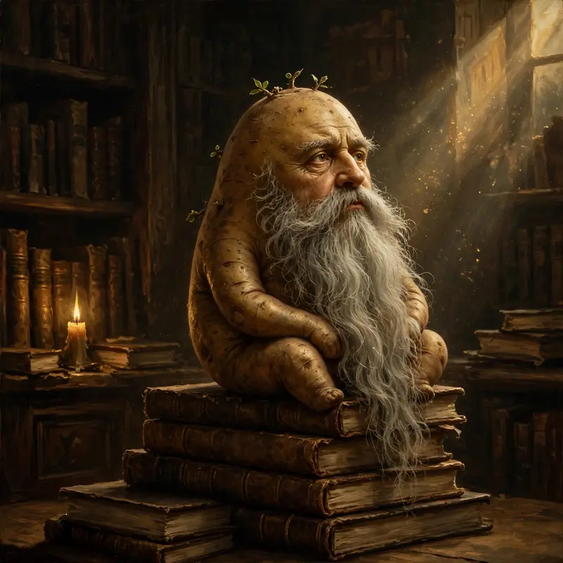 A wise old potato with a long gray beard sits on a stack of philosophy books in a candlelit study, thinking deeply. Warm library lighting, dust motes