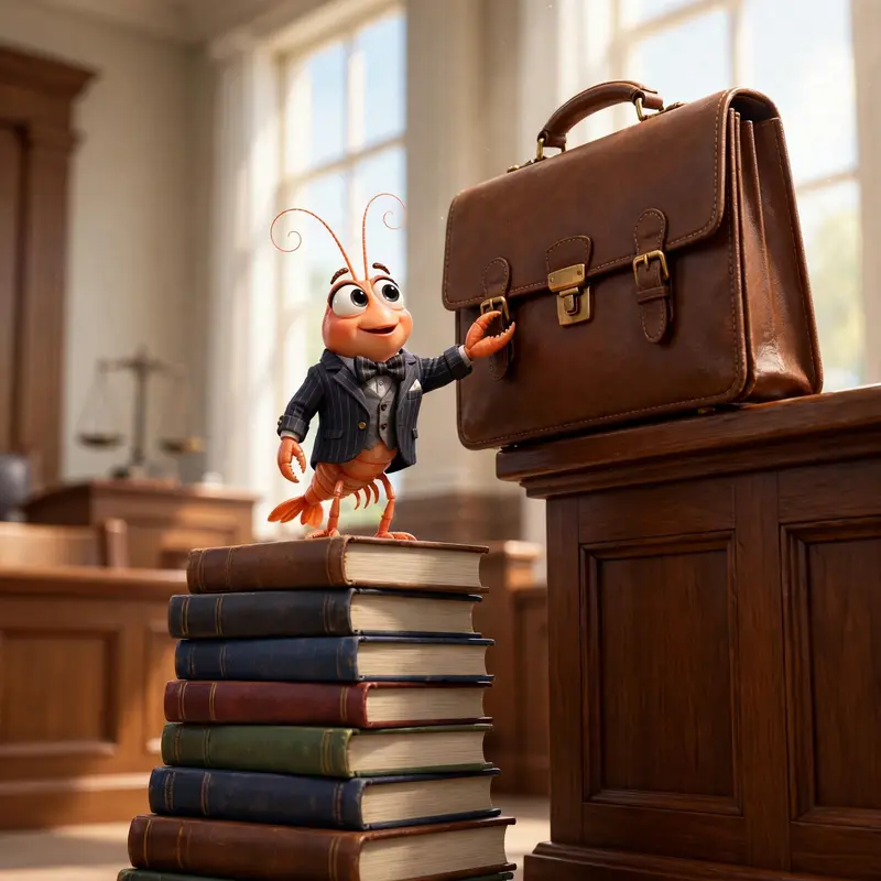 A tiny shrimp in a pinstripe suit presents an comically oversized briefcase in small claims court, standing on stacked law books to reach the podium
