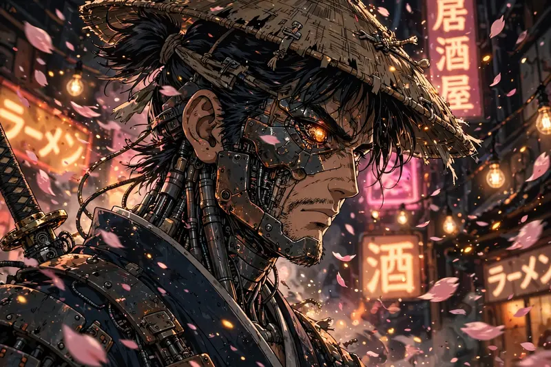 nostalgic cel-animation look anime scene: a cybernetic ronin under flickering neon signs, surrounded by swirling petals and drifting light particles