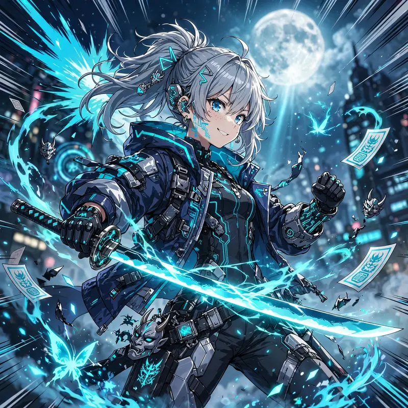 High-energy anime poster art of a demon hunter poised in silver moonlight, rendered in sleek cyber-anime hybrid style with explosive impact frames