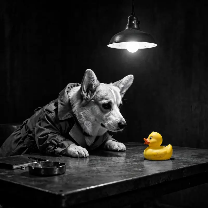 A corgi in a detective trench coat leans across an interrogation table toward a suspect squeaky toy under a single hanging lamp. Harsh noir lighting