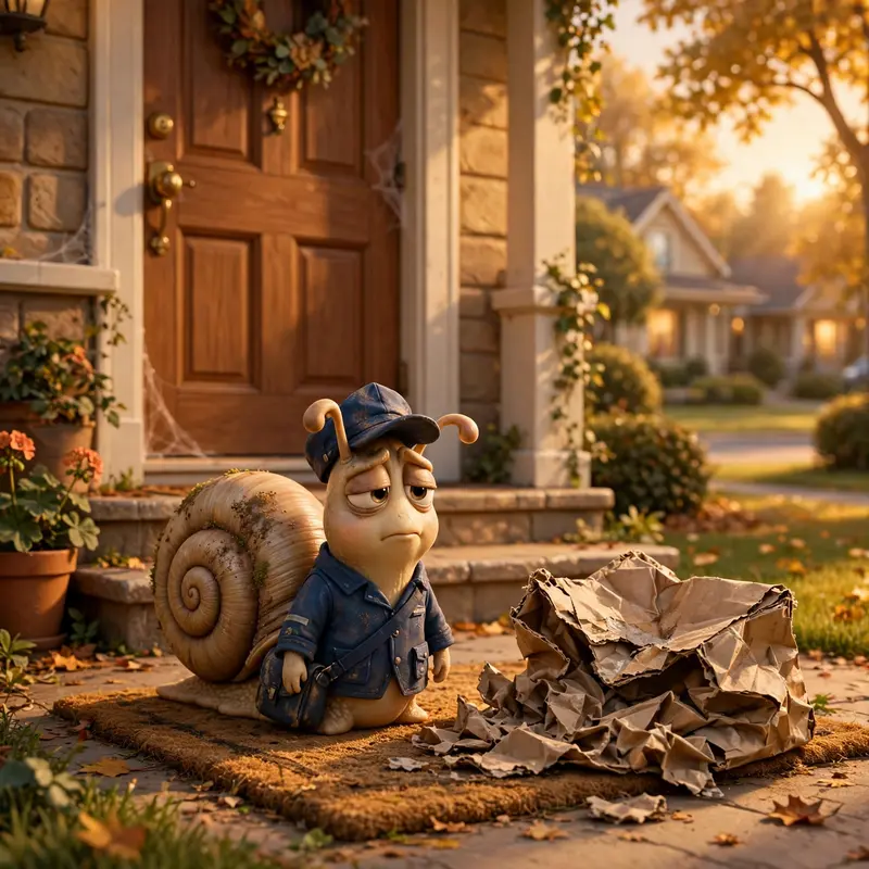 A snail in a tiny delivery uniform and cap finally arrives at a doorstep with a crushed package labeled overnight, 3 years late. Golden hour suburban
