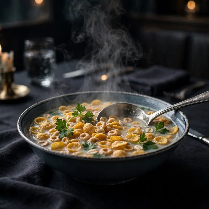 A bowl of cereal served like hot soup with a ladle, steam rising, garnished with parsley, on a fine dining table. Moody restaurant lighting, cursed