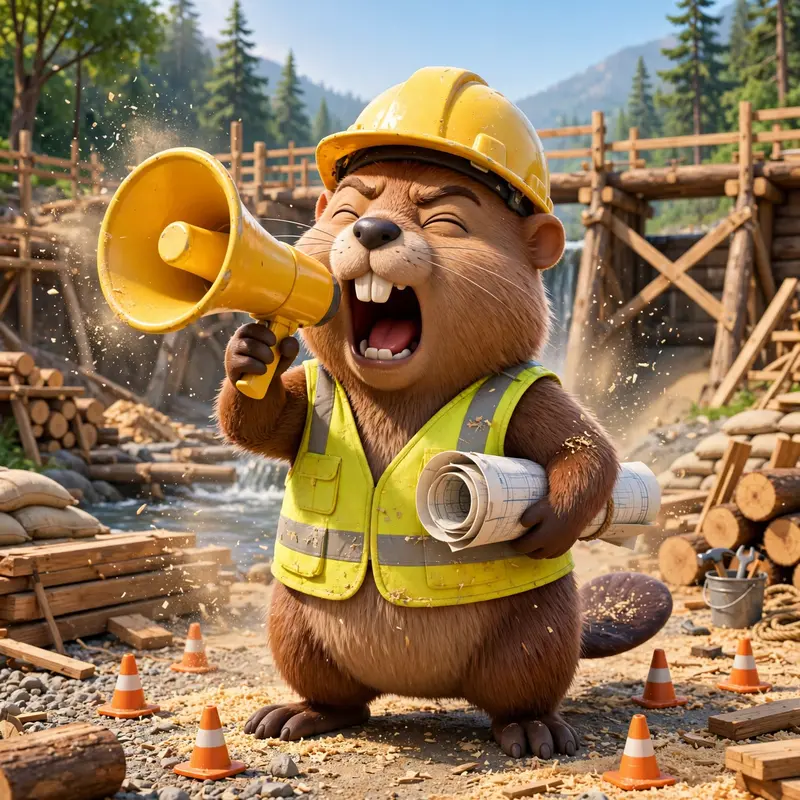 A beaver in a hard hat and hi-vis vest yells into a megaphone at a dam construction site, blueprints under its arm, tiny traffic cones. Bright