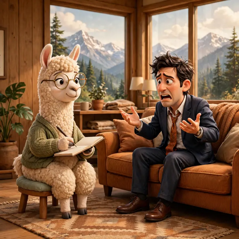 A calm llama in round glasses takes notes while a stressed businessman vents on a couch in a mountain-view office. Soft natural window light
