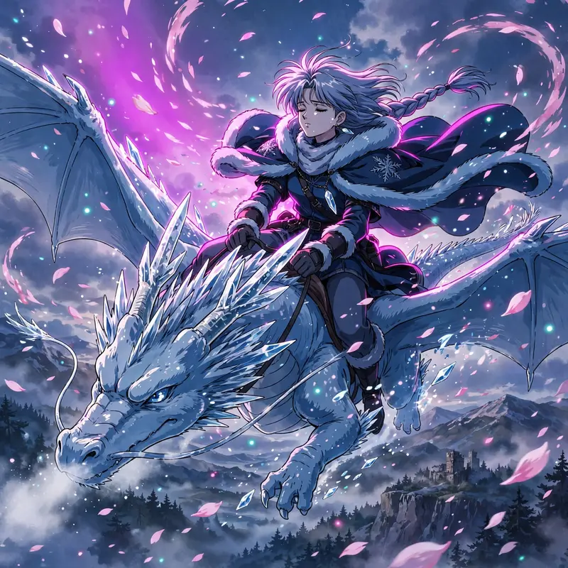 classic 90s anime OVA style anime scene: a frost dragon tamer mid-flight, surrounded by swirling petals and drifting light particles. Electric