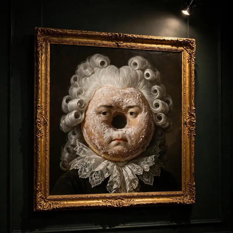 A Victorian oil painting of a solemn donut with a powdered wig and lace collar, hanging in a gilded frame in a dark gallery. Museum spotlighting