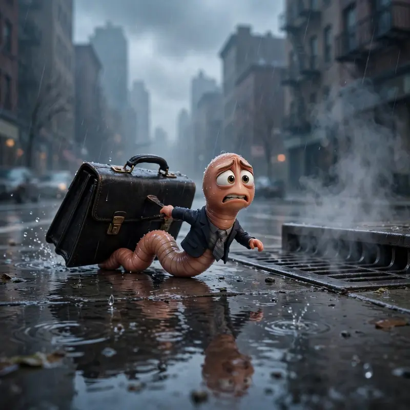 A business earthworm in a tiny tie drags an oversized briefcase through morning rain toward a subway grate, late for work. Overcast city lighting