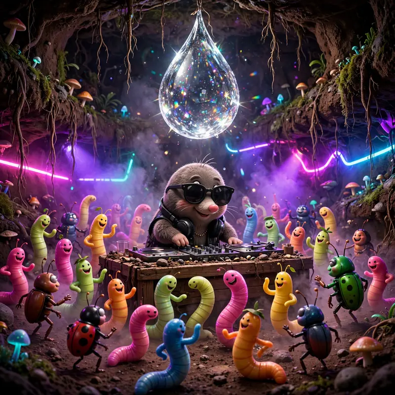 A mole in sunglasses DJs a packed underground club for dancing worms and beetles, disco ball made of a dewdrop, soil walls. Pulsing colored lights