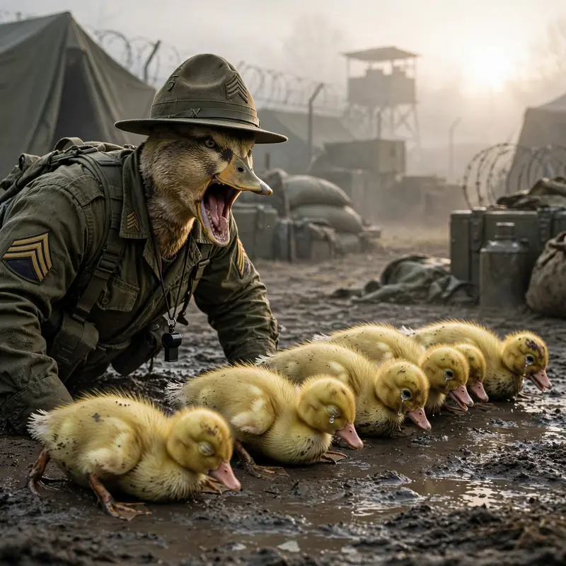 A drill sergeant duck screams at a line of tiny ducklings doing push-ups in mud at dawn, one crying. Harsh morning light, military base. war-movie
