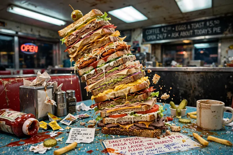 A leaning tower of twenty mismatched sandwich layers about to collapse on a diner table, one olive on top like a cherry. Harsh diner fluorescents