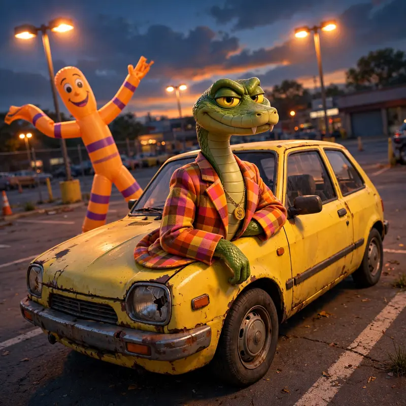 A snake in a loud plaid blazer leans on a lemon of a car with a SALE sign, inflatable tube man behind, lot lights at dusk. Harsh sodium lighting