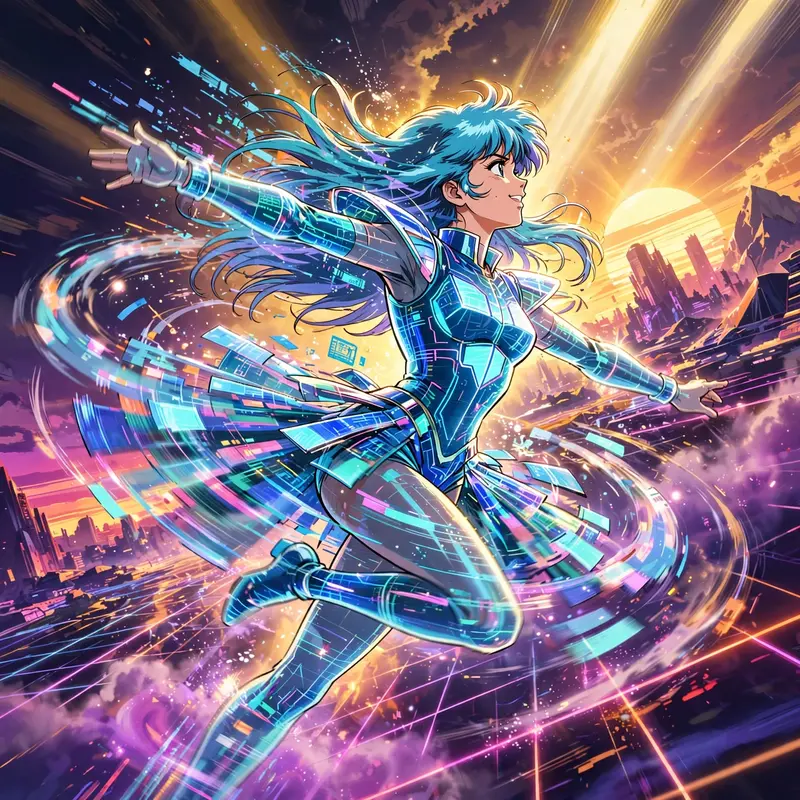 Cinematic anime still of a hologram dancer spinning in light in retro 80s anime aesthetic, caught at the peak of motion. Soft volumetric god rays