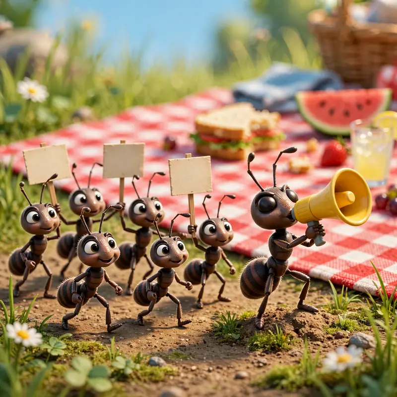 A picket line of ants holding tiny signs reading FAIR CRUMBS NOW outside a picnic blanket, one ant with a megaphone. Bright picnic daylight