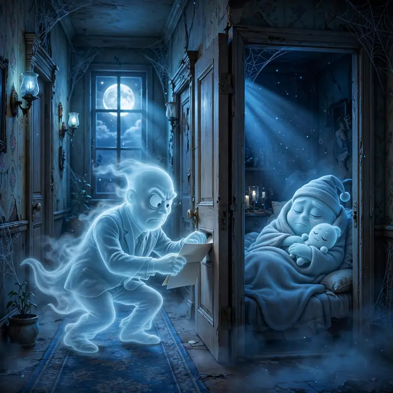 A translucent ghost in a suit slides an eviction notice under a door while the tenant, also a ghost, pretends not to be home. Spooky moonlit hallway
