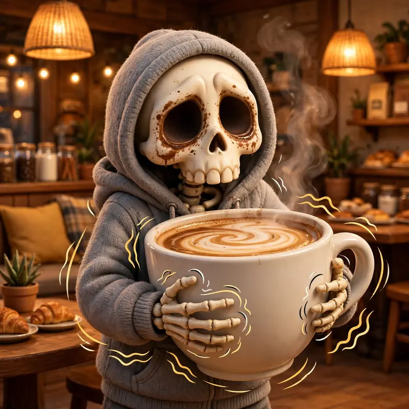 A skeleton in a hoodie clutches an enormous coffee cup with shaking hands in a cafe, dark eye sockets with coffee-ring stains. Warm cafe lighting