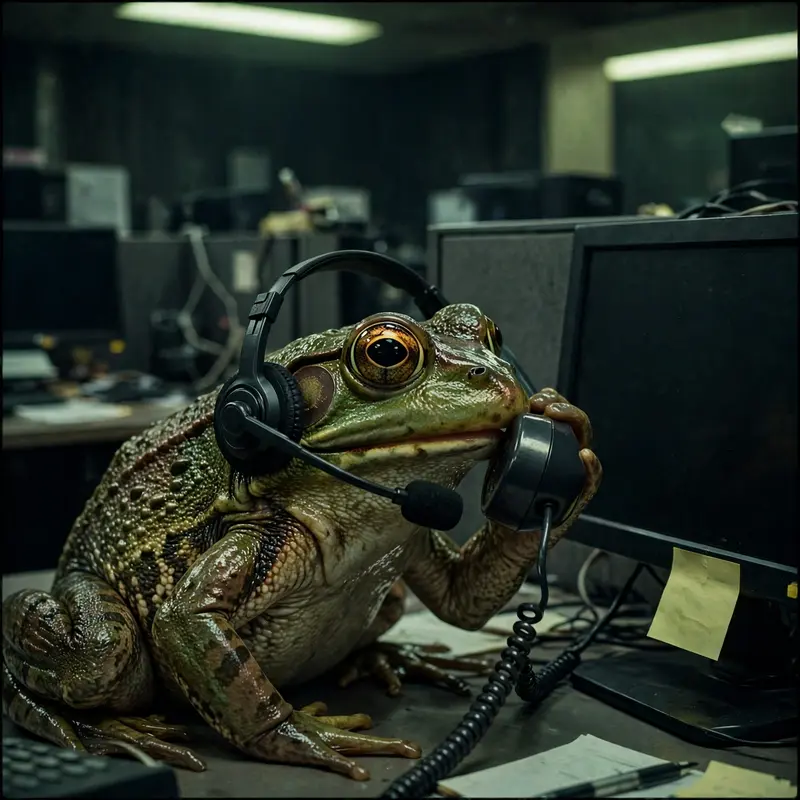 A frog in a headset whispers into a phone in a dark call center, sticky note reading DEFINITELY YOUR BANK on the monitor. Sickly fluorescent glow