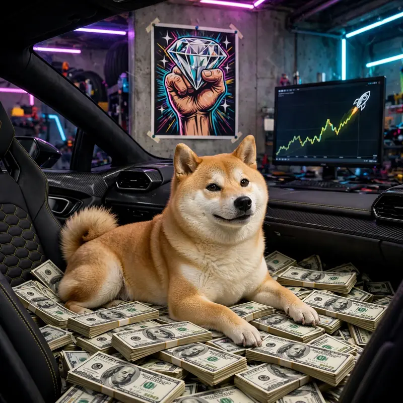 A smug doge-style shiba lounges on a pile of cash in a Lamborghini, diamond hands poster on the wall, rocket chart on a monitor. Neon garage