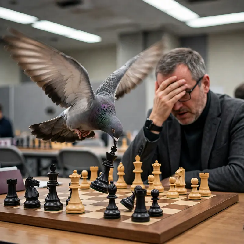 A pigeon in deep concentration hovers over a chessboard mid-tournament, knocking over the king with its beak, opponent grandmaster facepalming. Harsh