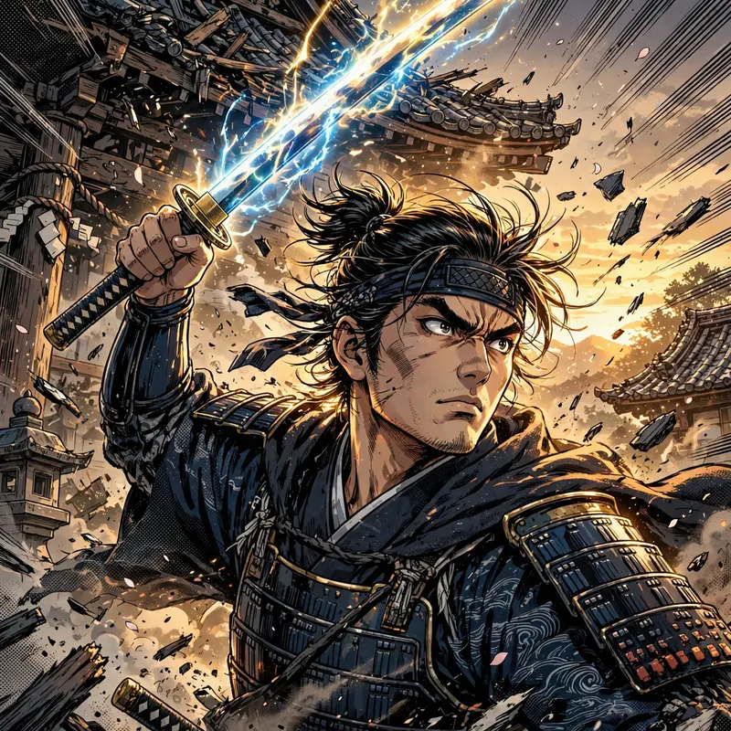 a fearless samurai raising a glowing katana rendered in manga-inspired anime style with screentone accents, frozen mid-action with bold motion lines