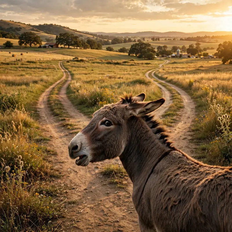 A donkey stares at two paths in a field, one sign reading NAP and the other RESPONSIBILITIES, visibly stressed. Golden hour pastoral light