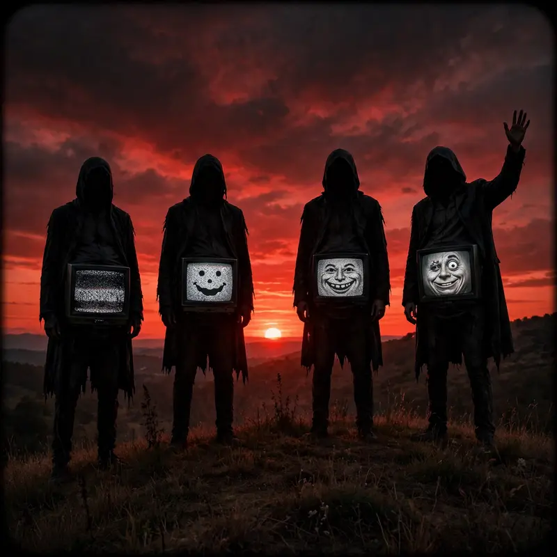 Four unsettling tall figures with TV bellies stand motionless on a hill silhouetted against a blood-red sunset, one waving slowly. Ominous dusk
