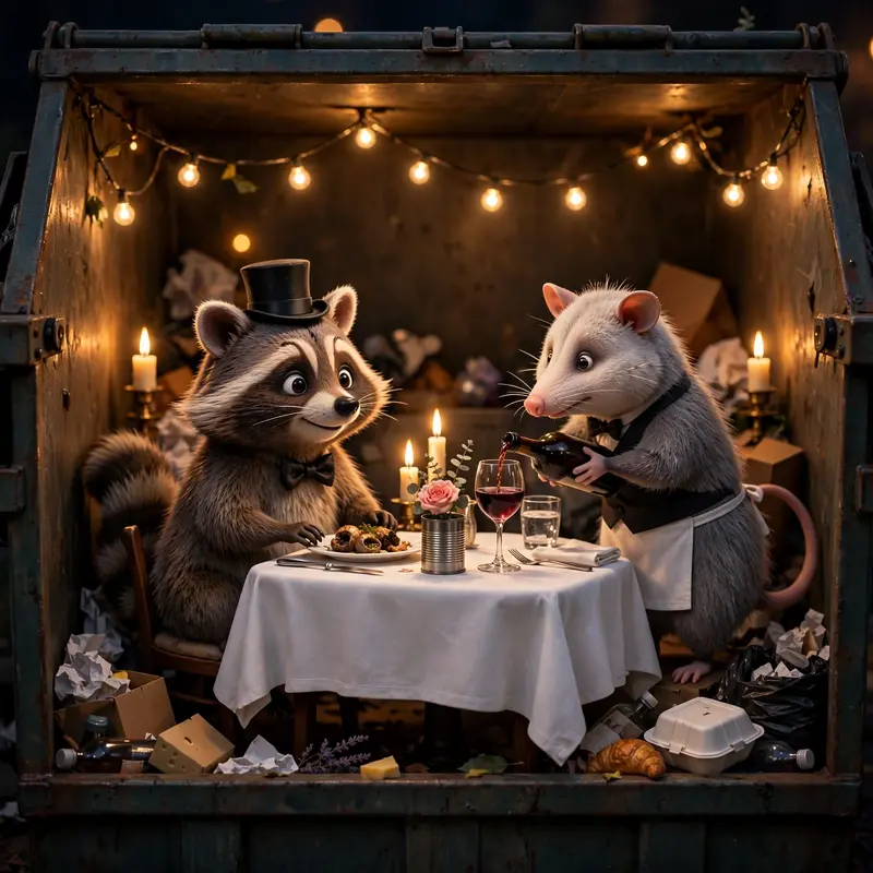 A raccoon in a bow tie and tiny top hat dines by candlelight at a white-clothed table set inside a dumpster, waiter possum pouring trash wine