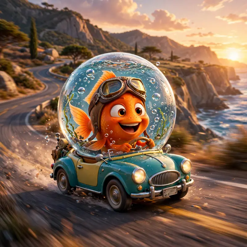 A goldfish in driving goggles steers a tiny convertible with a water-filled bubble helmet, cruising a coastal highway at sunset. Warm golden light