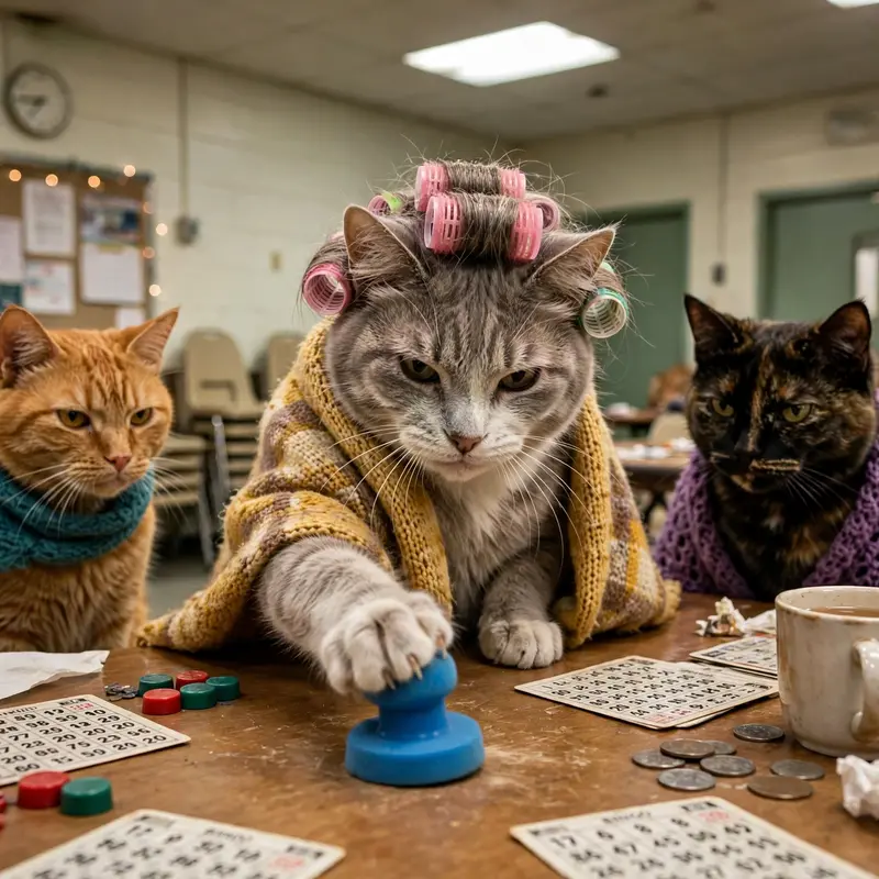 An elderly cat in curlers and a shawl slams a bingo dabber down at a community hall table, rivals glaring, fluorescent lights buzzing. , competitive