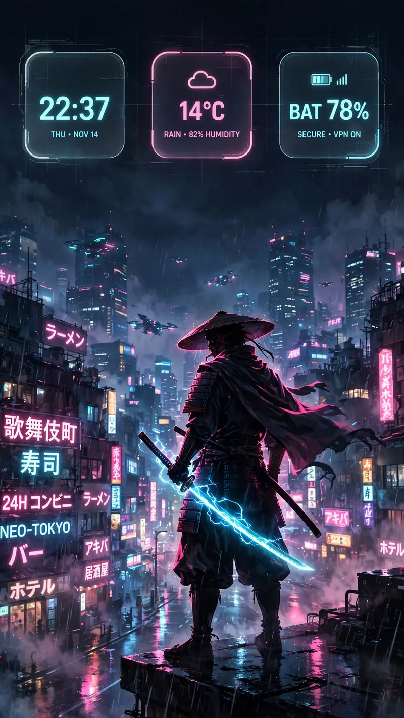 A lone samurai silhouette stands on a rooftop overlooking a rain-soaked neon Tokyo street, katana glowing cyan, vertical 9:16 composition with strong